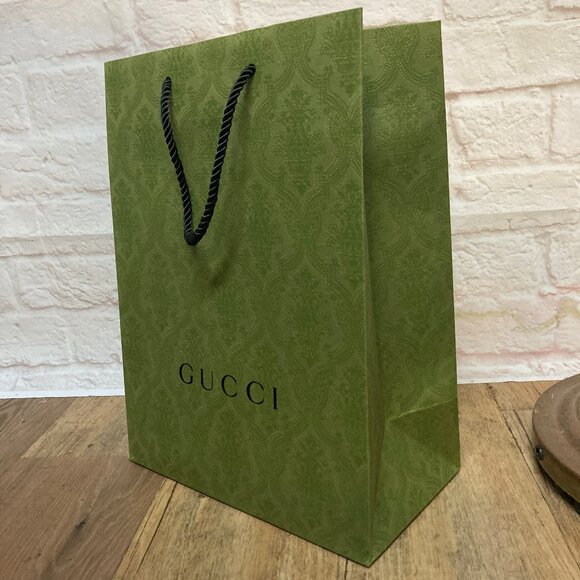 Gucci Green Paper Shopping/Gift Bag, Embossed Damask Pattern, 10x14x5 inches - Picture 2 of 4